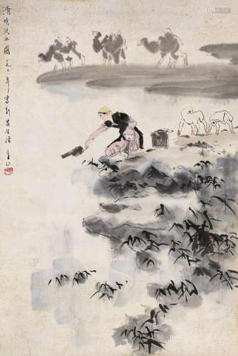 李山（b.1926） 清晓汲水图 镜片 设色纸本