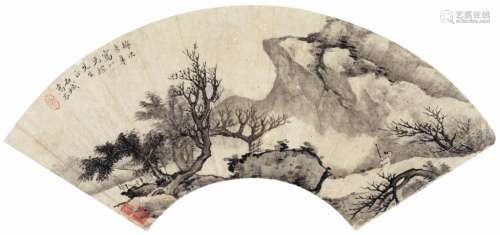 高岑（1621～1691） 疏林曳杖图 扇片 设色纸本
