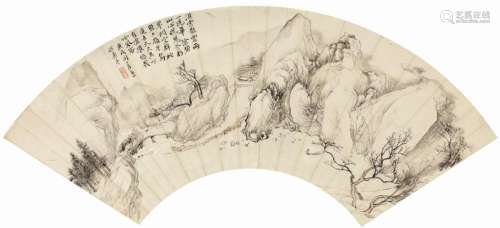 恽寿平（1555～1636） 溪山泛舟 扇片 设色纸本