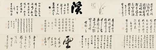 大眉性善（1616～1673）  高泉性潡（1633～1695）  晓堂道収（1634～1666）  独吼性狮（1624～1688）  南源性派（1631～1692）  黄檗悦山（1629～1709）  惟一道实（1620～1692）  无心性觉（1613～1671）  蕴谦戒琬（1610～1673）  柏巌性节（1634～1673）  千呆性侒（1636～1705）  喝禅道和（1634～1707） 十二高僧卷 手卷 水墨纸本