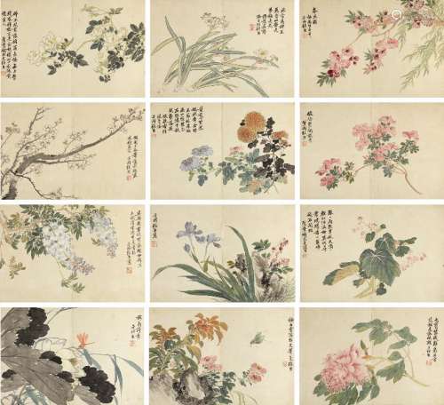 张熊（1803～1886） 花卉册 册页 （十二开） 设色纸本