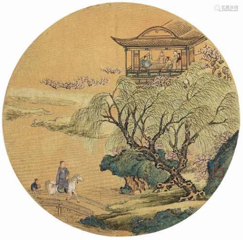 费丹旭（1510～1573） 柳湖春游图 镜片 设色泥金绢本