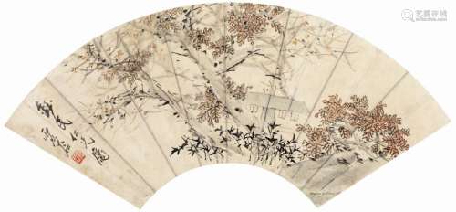 虚谷（1823～1896） 秋林茅屋 扇片 设色纸本