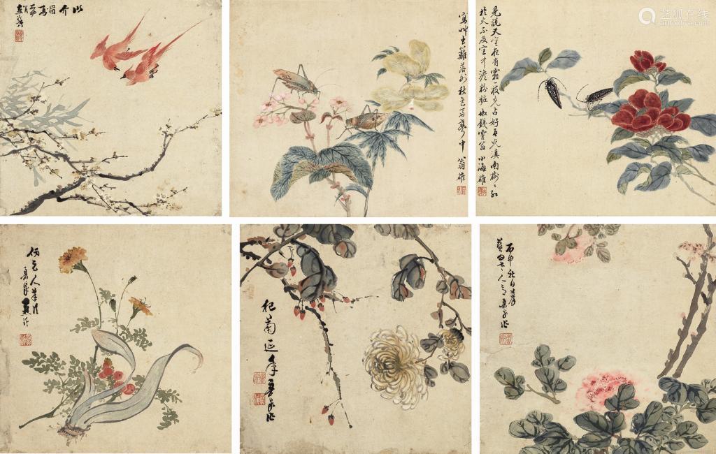 翁小海 1790 1849 燕鲁泉 花卉草虫册册页 六开 设色纸本 Deal Price Picture 翁小海 1790 1849 燕鲁泉 花卉草虫册册页 六开 设色纸本 Deal Price Picture
