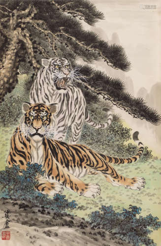 胡爽盦（1916～1988） 双虎图 立轴 设色纸本