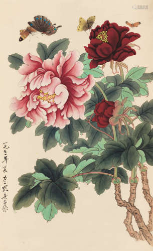 俞致贞（1915～1995）  刘力上（b.1916） 1971年作 蝶香国色 立轴 设色纸本
