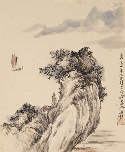 张大千（1899～1983）  溥儒（1896～1963） 江天帆影 镜心 设色纸本