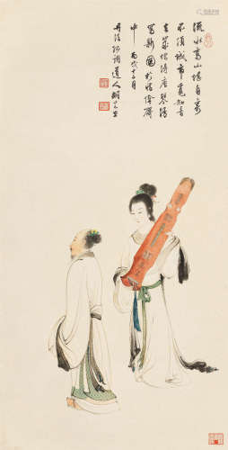 胡若思（1916～2004） 1946年作 赏琴图 镜心 设色纸本