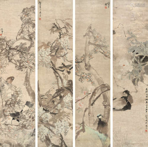 任伯年（1840～1896） 1878年作 花鸟 四屏立轴 设色纸本