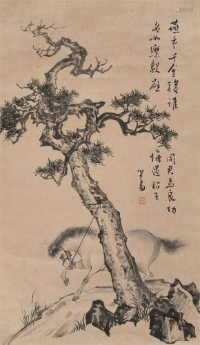 溥儒（1896～1963） 古松骏马 立轴 水墨纸本