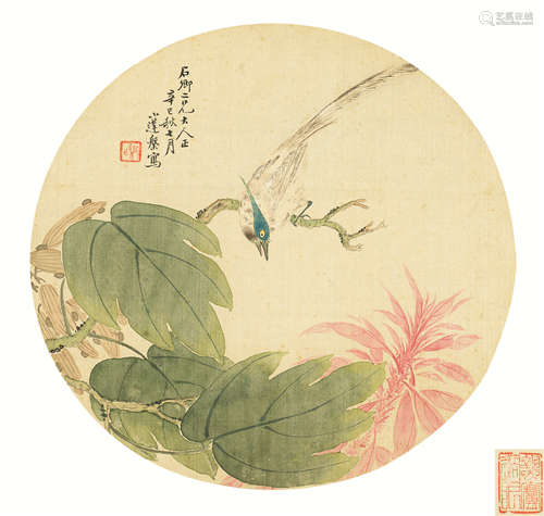 张盘（1812～1890） 1881年代 花鸟 扇面 设色绢本