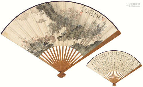 溥儒（1896～1963） 秋林夕照·行书 成扇 设色纸本