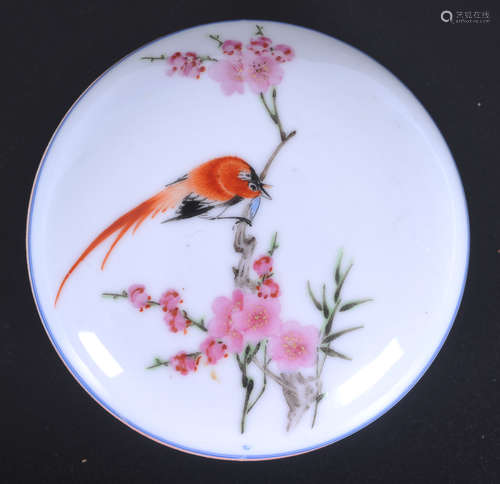 White paste box and cover, painted to the top with a bird and flowers