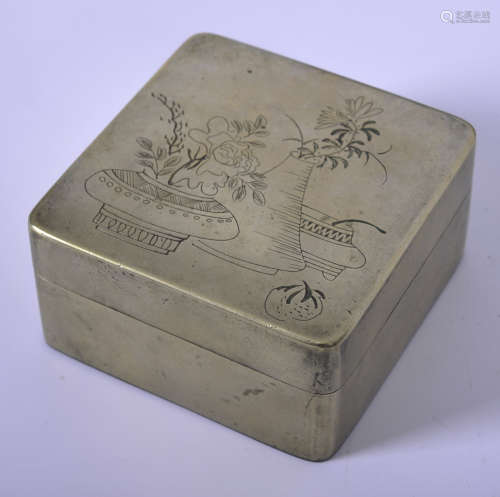 Square metal box and cover decorated with vases and flowers to the top