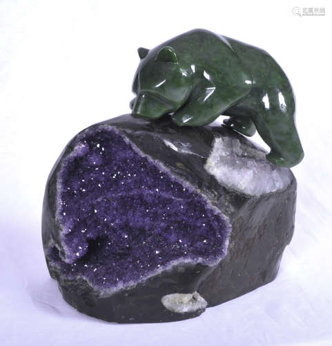 Jade carved bear above an amethyst crystal base signed