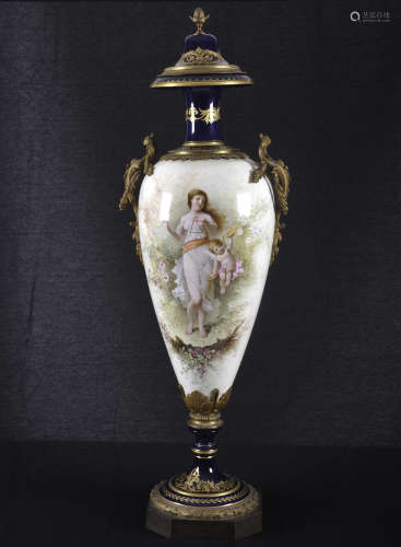 Sevres hand painted vase and cover, with gilt metal mounts, painted with woman and child to one side and wheat sheaf and basket to the other side