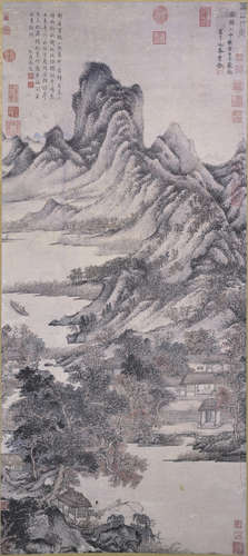 Chinese scroll painting of fisherman in a rocky landscape