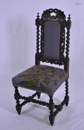 Carved oak framed barley twist hall chair with needlepoint upholstery