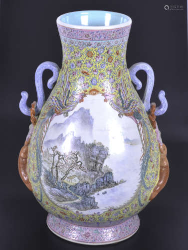 Chinese polychrome vase decorated with scenes of river landscapes