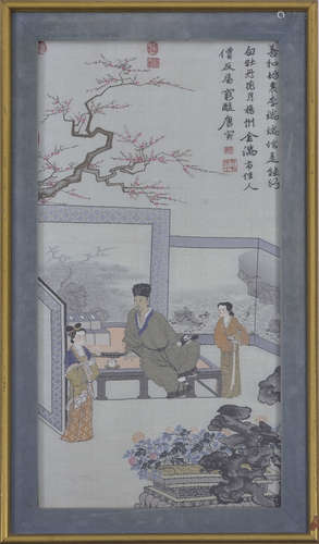 Framed silk embroidery of a scholar and 2 women