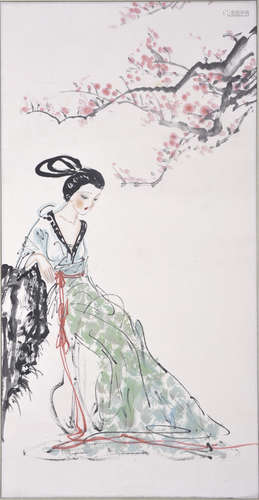 Scroll painting of a woman and cherry blossoms