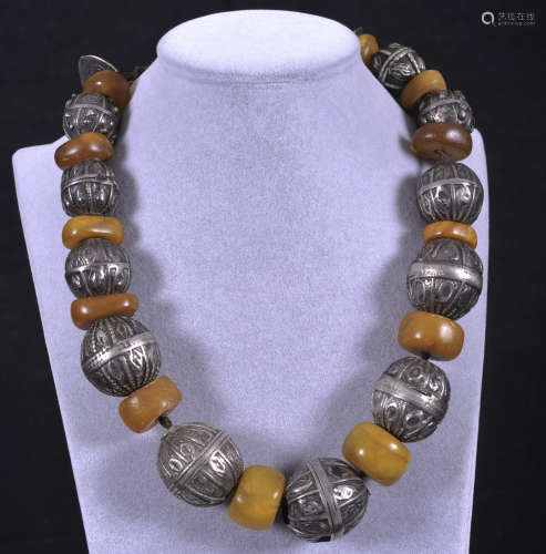 Tibetan amber and silver necklace