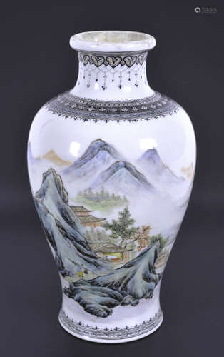 Chinese baluster vase painted with figures in a rocky landscape