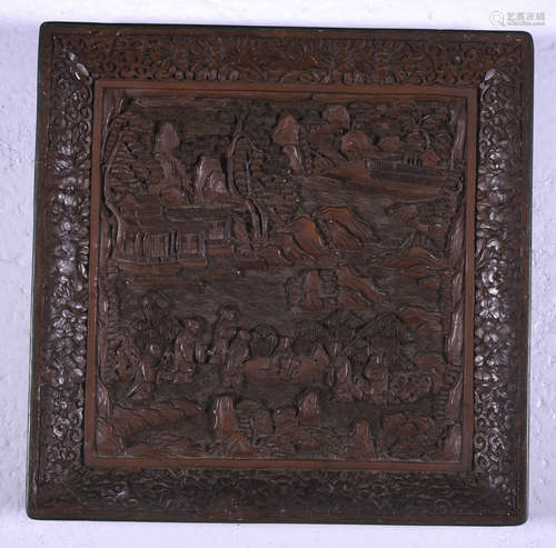 Cinnabar lacquered tray carved with figures amongst trees