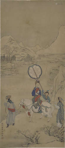 Scroll painting of a woman on horseback