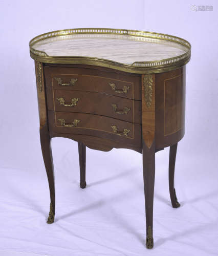 French gilt metal mounted commode with 3 three drawers and gallery top