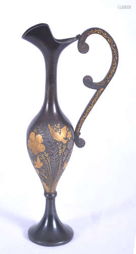 Pewter ewer with gold inlay of flowers and birds