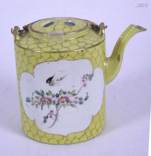 Chinese yellow ground teapot with panels of flowers and birds