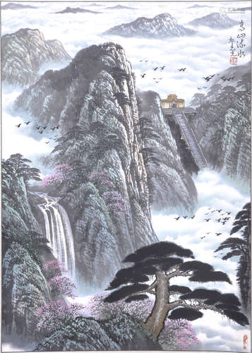 Scroll painting of tree and waterfall in a rocky landscape 唐志光， 高山流水图