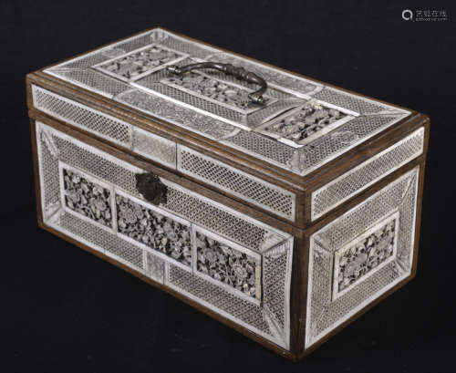 Carved tea caddy with panels of carved bone and pewter vessels
