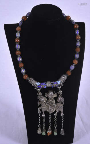 Tibetan silver and blue enamel necklace with silver horse ornament