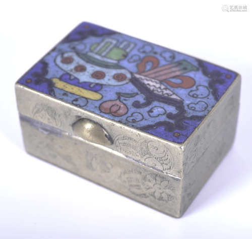 Small silver box and cover with cloisonne decoration of antiques to the top