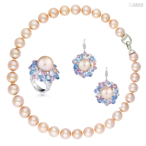 天然南洋粉紫珍珠配彩宝戒指、耳环、项链套装