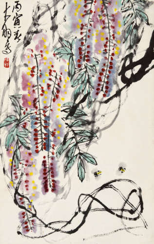陈大羽（1912～2001） 1986年作 紫藤蜜蜂 镜片 设色纸本