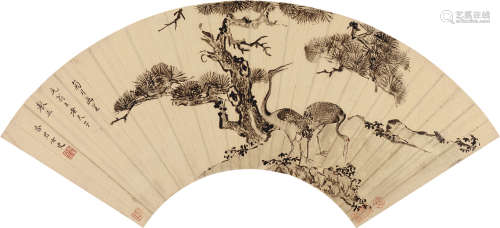 李香君（1624～1653） 松鹤延年 扇面 设色笺本