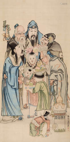 黄山寿（1855～1924） 五老四喜图 立轴 设色绢本