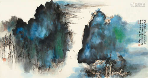 张大千（1899～1983） 1980年作 江中泛舟图 镜片 设色纸本