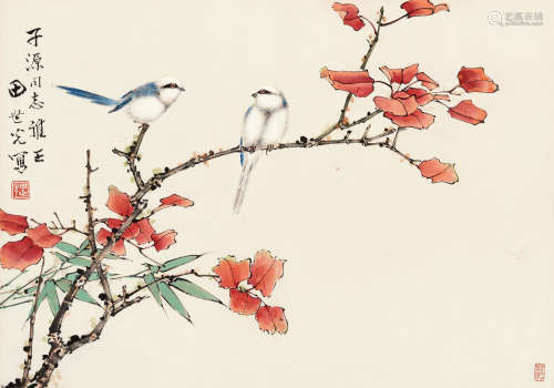 田世光（1916～1999） 红叶小鸟 镜片 设色纸本