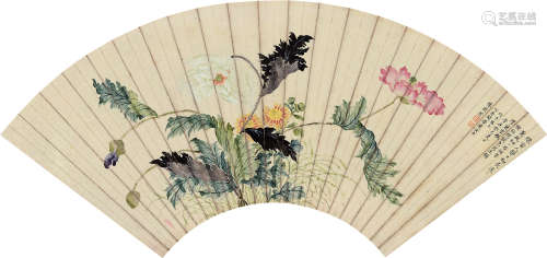 陈淑芳（1844～1911） 1893年作 花卉 扇面 设色纸本