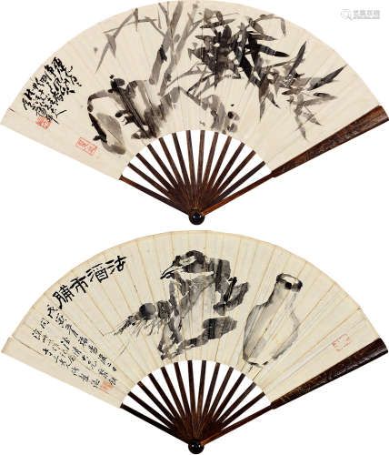 蒲华（#）  张修髯（1832～1912） 1894年作 竹石 成扇 水墨纸本