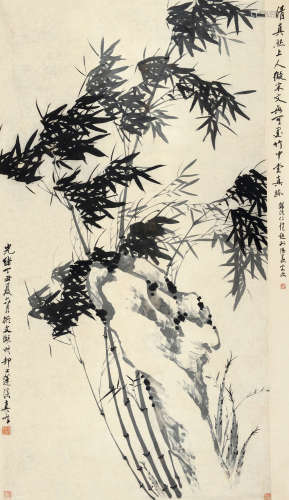 莲溪（1816～1884） 1877年作 竹石图 立轴 水墨纸本