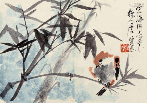 唐云（1910～1993） 竹雀图 单页 设色纸本