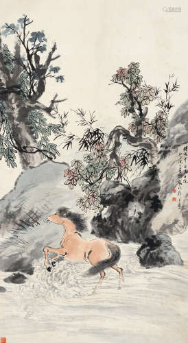 倪田（1855～1919） 1918年作 浴马图 立轴 设色纸本