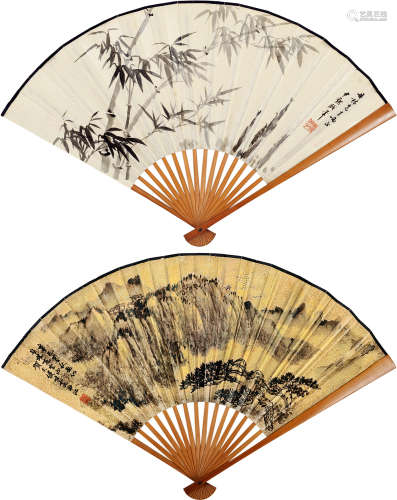沈尹默（1891～1981）  贺天健（#） 1941年作 山水 翠竹 成扇 设色纸本