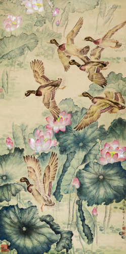 唐原道（1909～） 群雁图 立轴 设色纸本