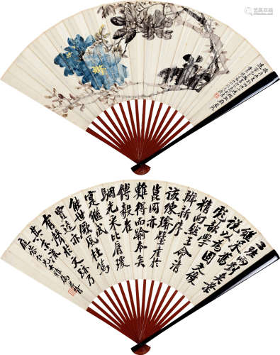 郑孝胥（#）  赵士鸿（1860～1938） 壬戌（1922）年作 花卉 行书 成扇 设色纸本